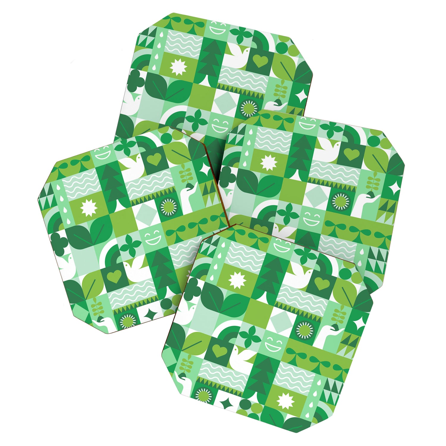 Green eco friendly geometric mosaic art pattern Coaster Gallery Image 1
