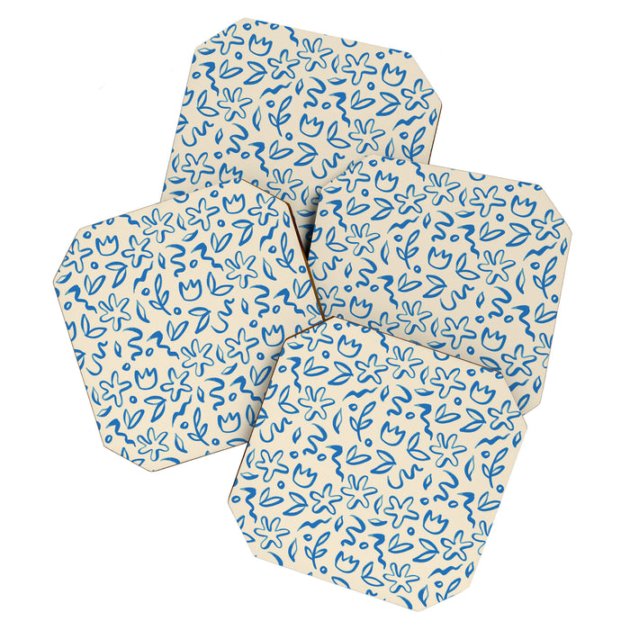 Organic Blue floral nature art doodle pattern Coaster Gallery Image 1