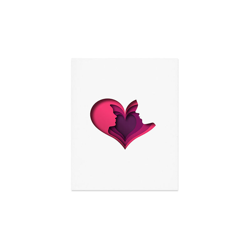 Paper cut couple in love illustration with pink heart shape Art Print Gallery Image 1