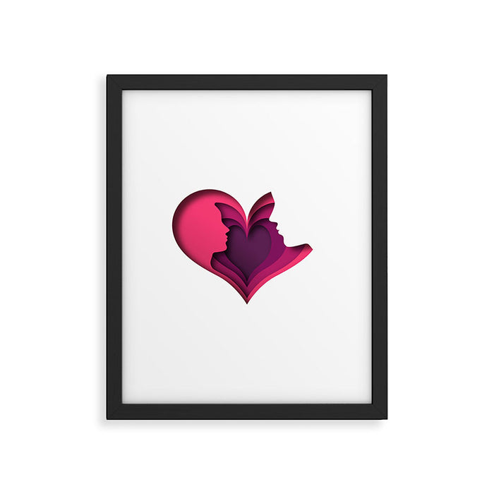 Paper cut couple in love illustration with pink heart shape Framed Art Print Gallery Image 1