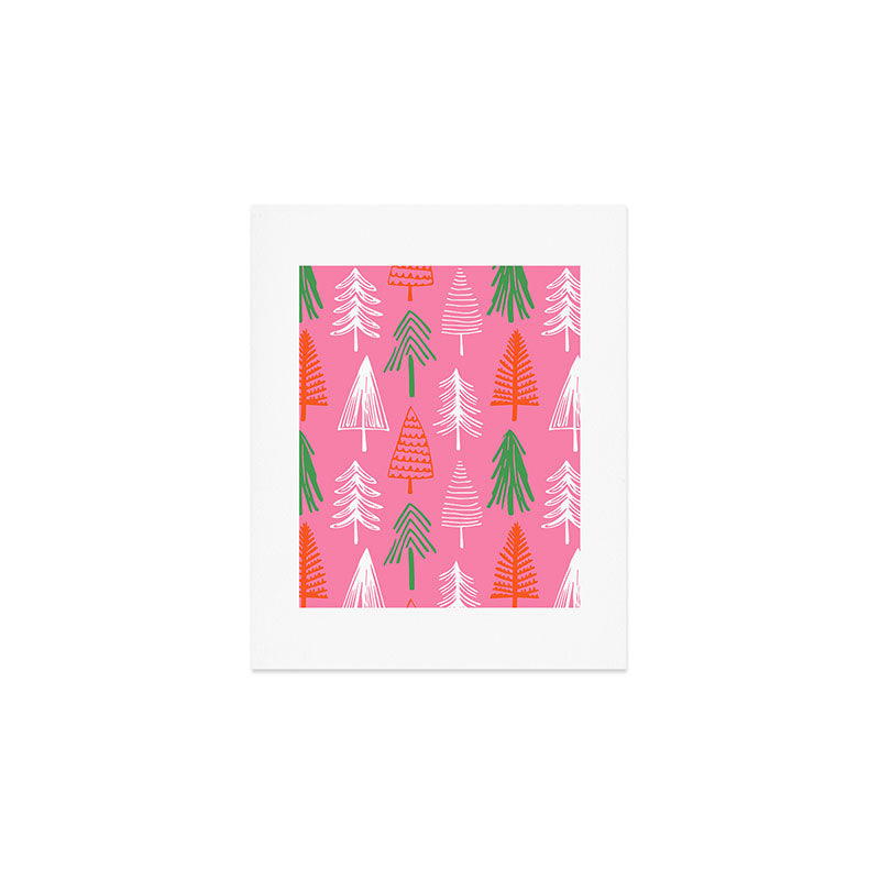 Pink christmas pine tree doodle pattern Art Print Gallery Image 1