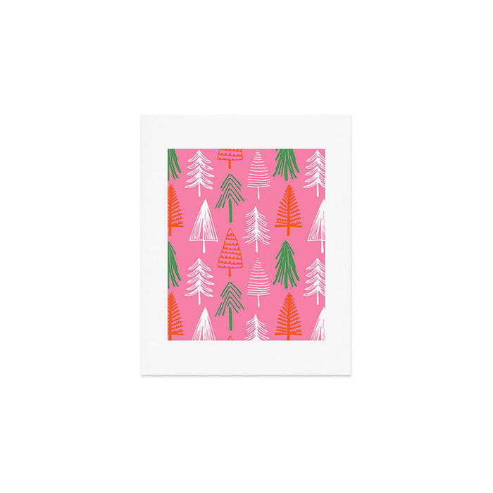 Pink christmas pine tree doodle pattern Art Print Gallery Image 1