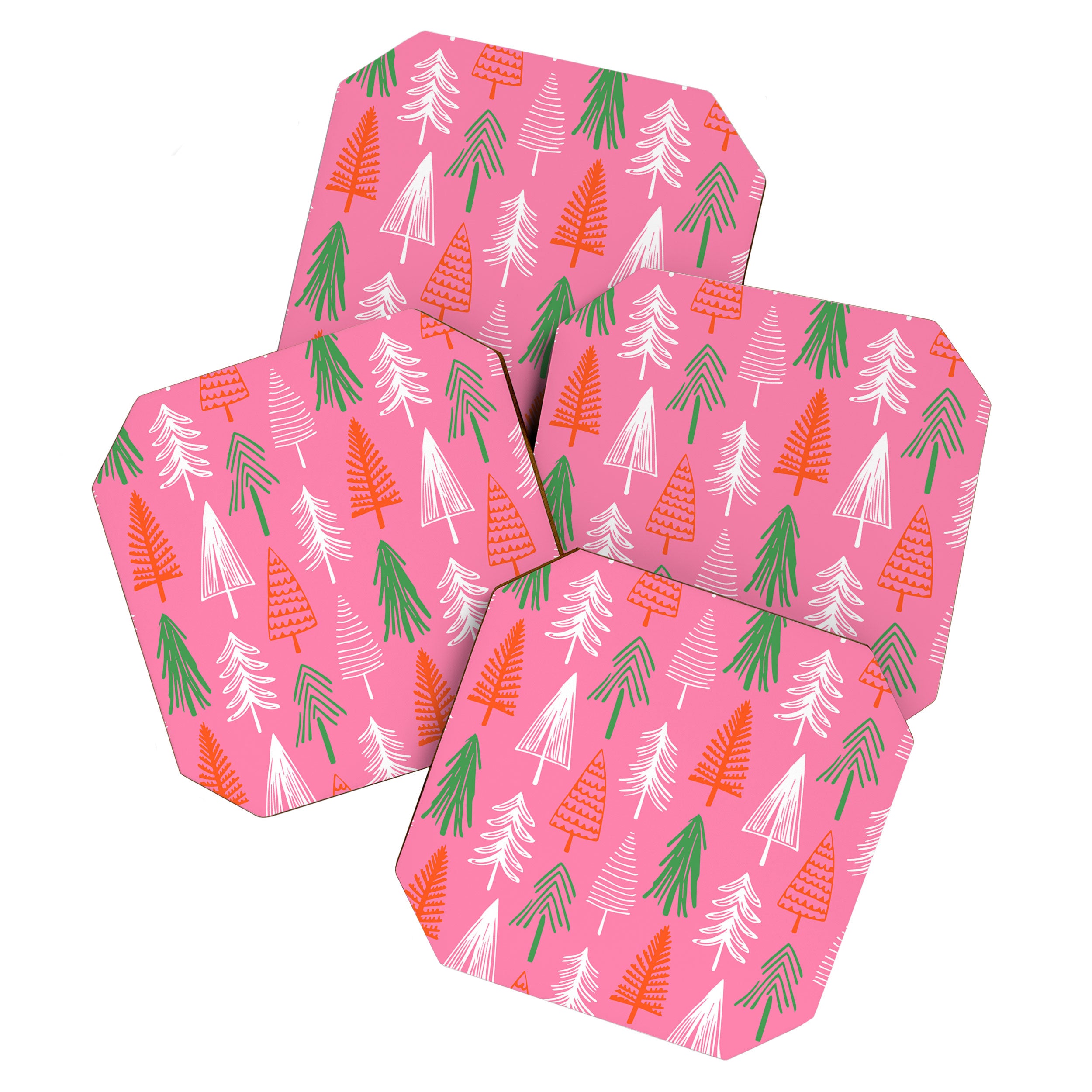 Pink christmas pine tree doodle pattern Coaster Gallery Image 1