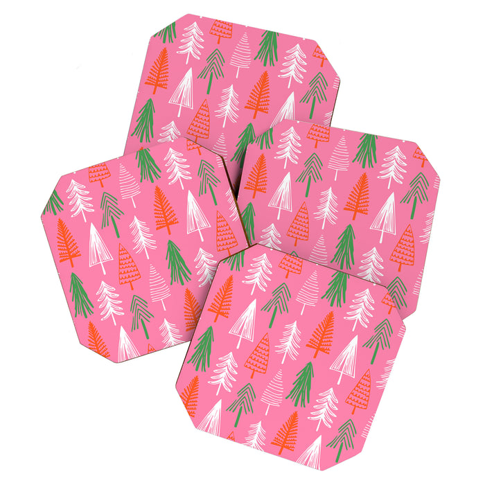Pink christmas pine tree doodle pattern Coaster Gallery Image 1