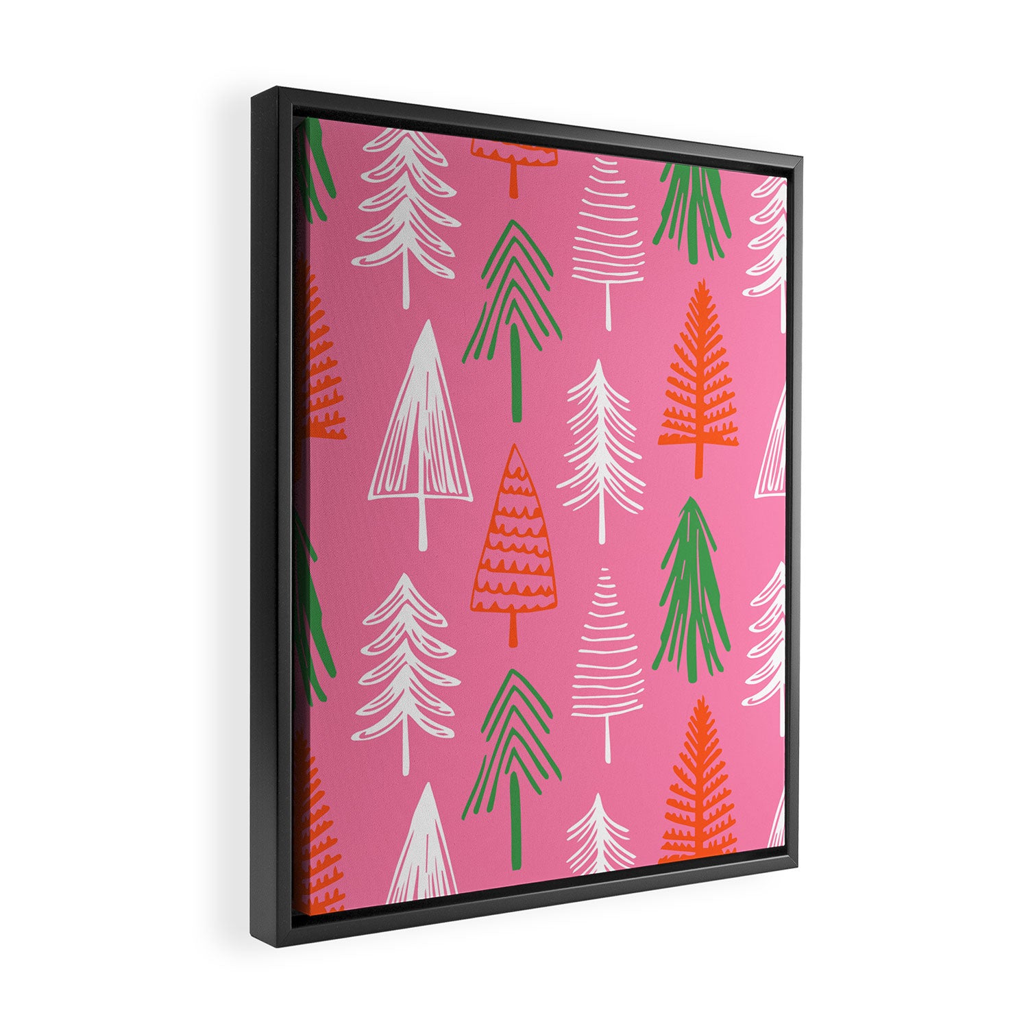 Pink christmas pine tree doodle pattern Framed Canvas Print Gallery Image 2