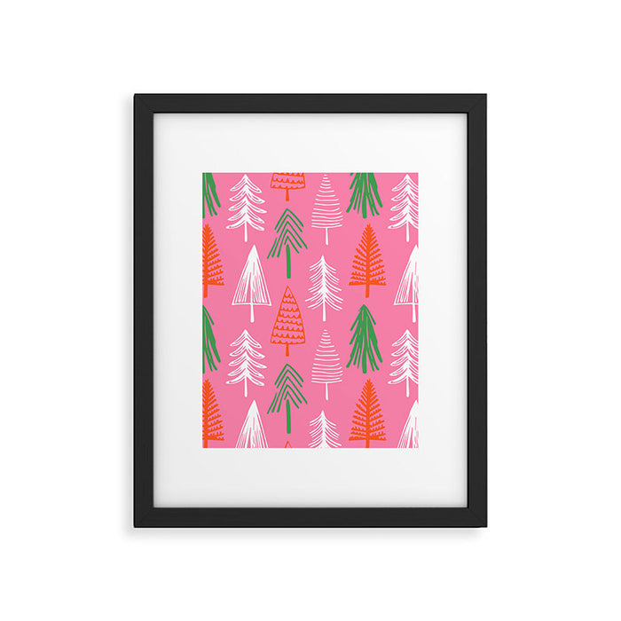 Pink christmas pine tree doodle pattern Framed Art Print Gallery Image 1