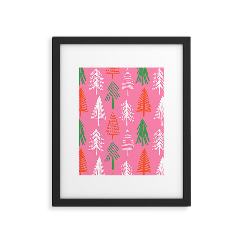 Pink christmas pine tree doodle pattern Framed Art Print Gallery Image 6