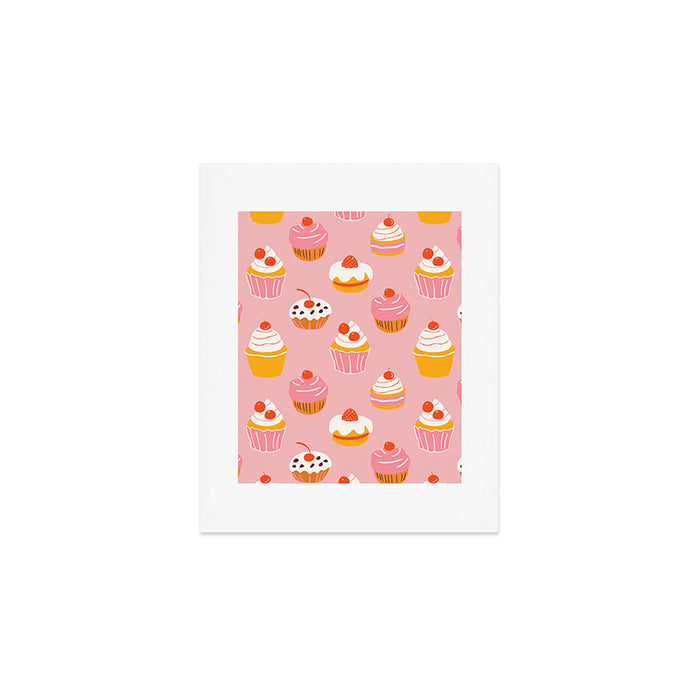 Pink cupcake cartoon food pattern Art Print Gallery Image 1
