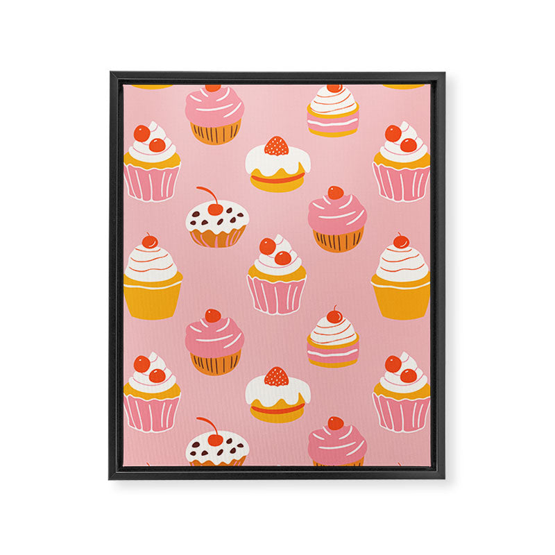 Pink cupcake cartoon food pattern Framed Canvas Print Gallery Image 8