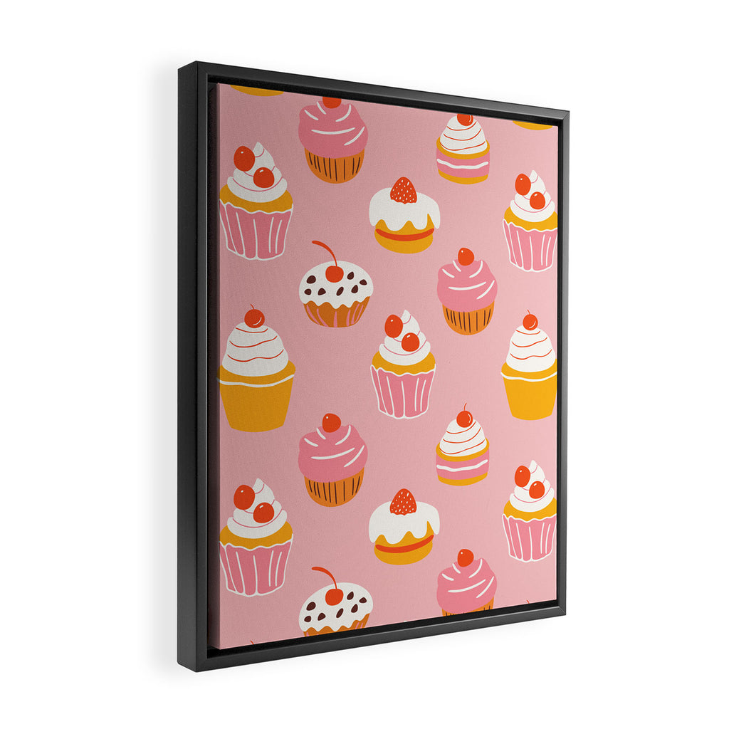 Pink cupcake cartoon food pattern Framed Canvas Print Gallery Image 2