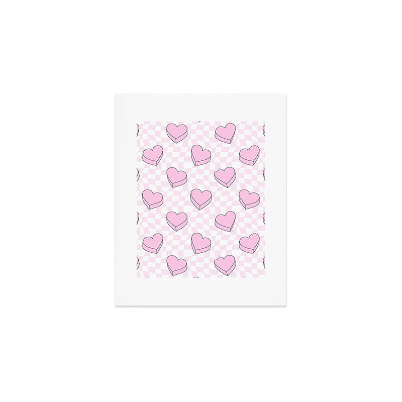 Pink love heart candy checkered pattern Art Print Gallery Image 1