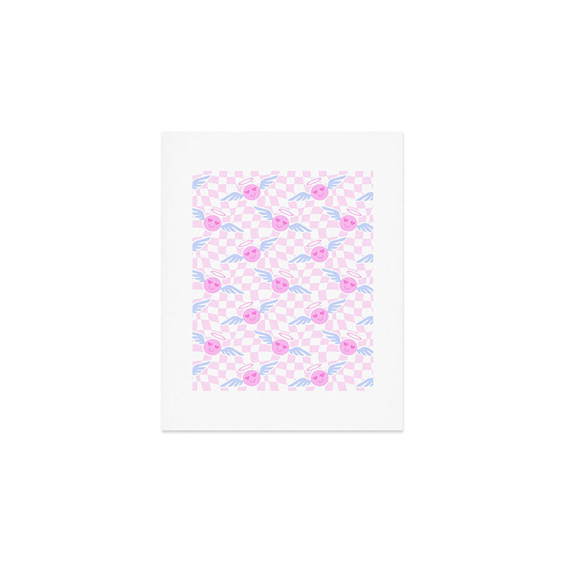 Pink love heart face checkered pattern Art Print Gallery Image 1