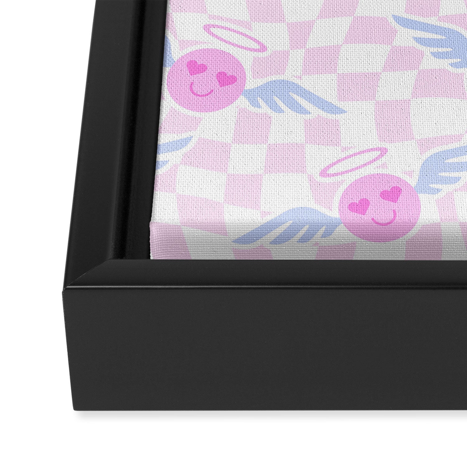 Pink love heart face checkered pattern Framed Canvas Print Gallery Image 3