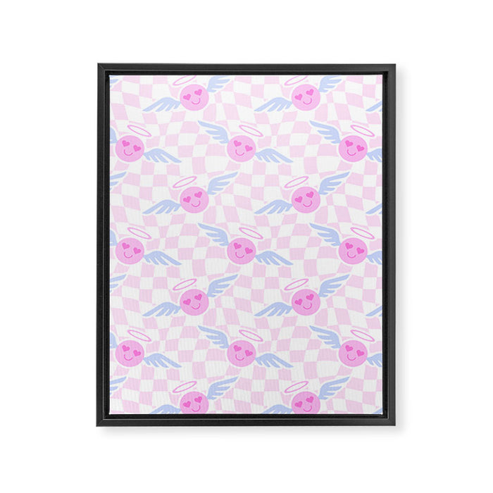 Pink love heart face checkered pattern Framed Canvas Print Gallery Image 1