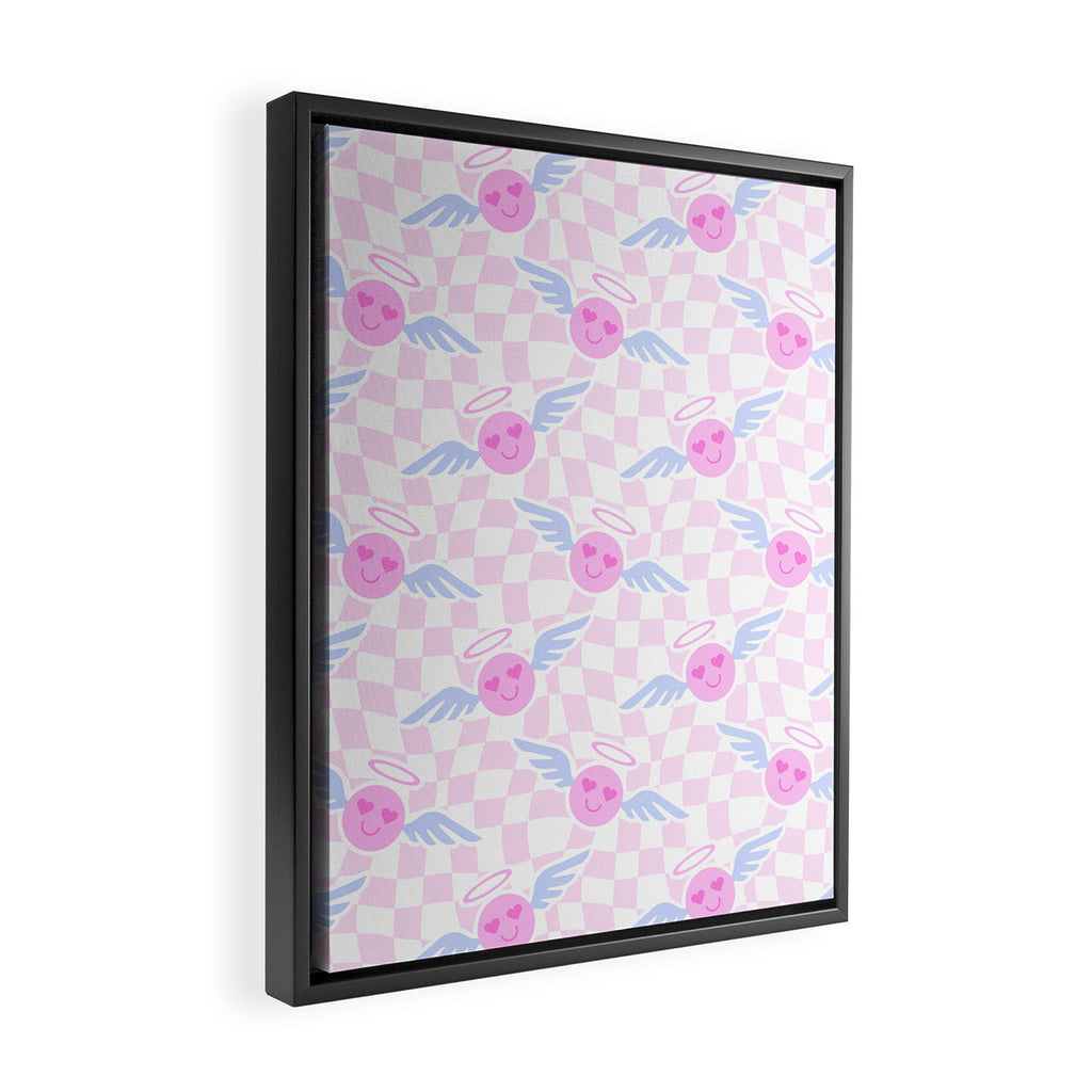 Pink love heart face checkered pattern Framed Canvas Print Gallery Image 2
