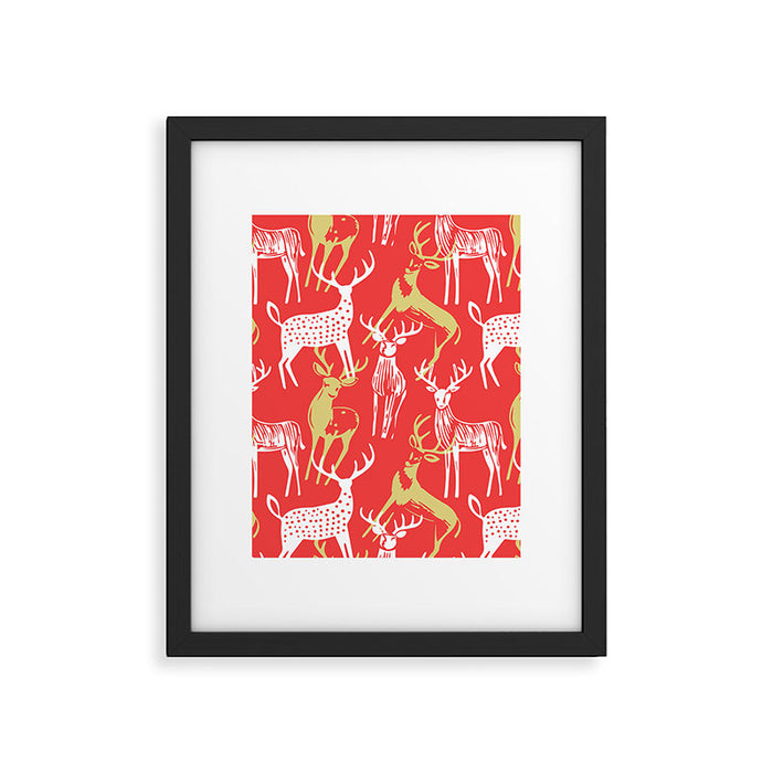 Red christmas reindeer animal pattern Framed Art Print Gallery Image 1
