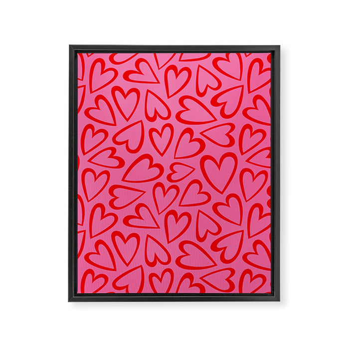 Red love heart cartoon pattern Framed Canvas Print Gallery Image 1