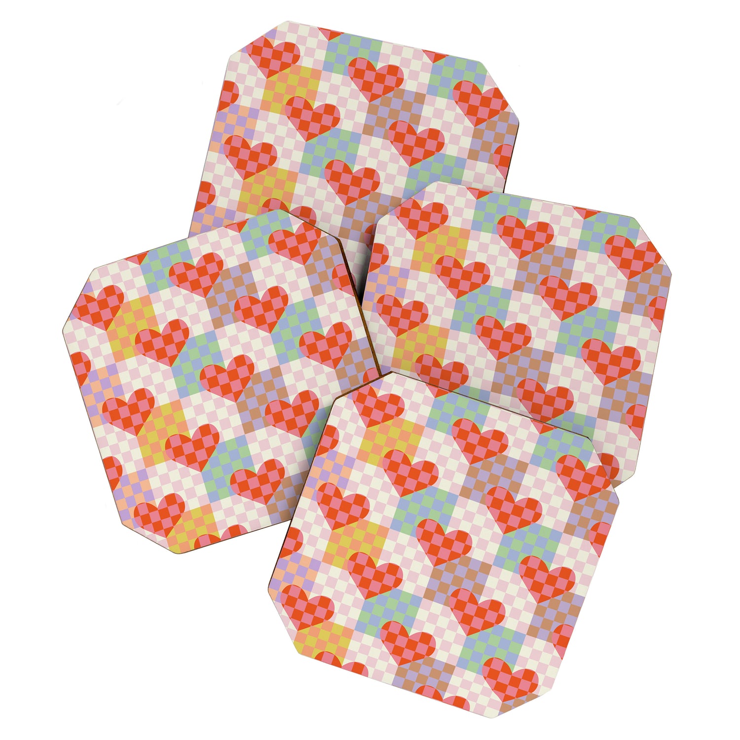 Red love heart checkered patchwork pattern Coaster Gallery Image 1