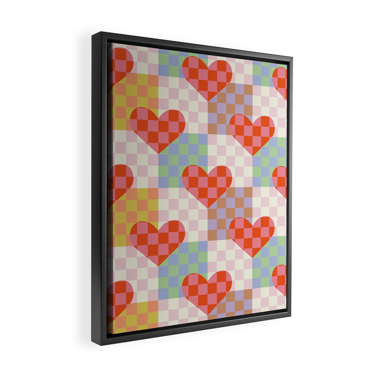 Red love heart checkered patchwork pattern Framed Canvas Print Gallery Image 2