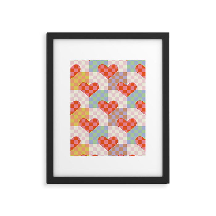 Red love heart checkered patchwork pattern Framed Art Print Gallery Image 1