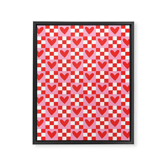 Red love heart checkered pattern Framed Canvas Print Gallery Image 1
