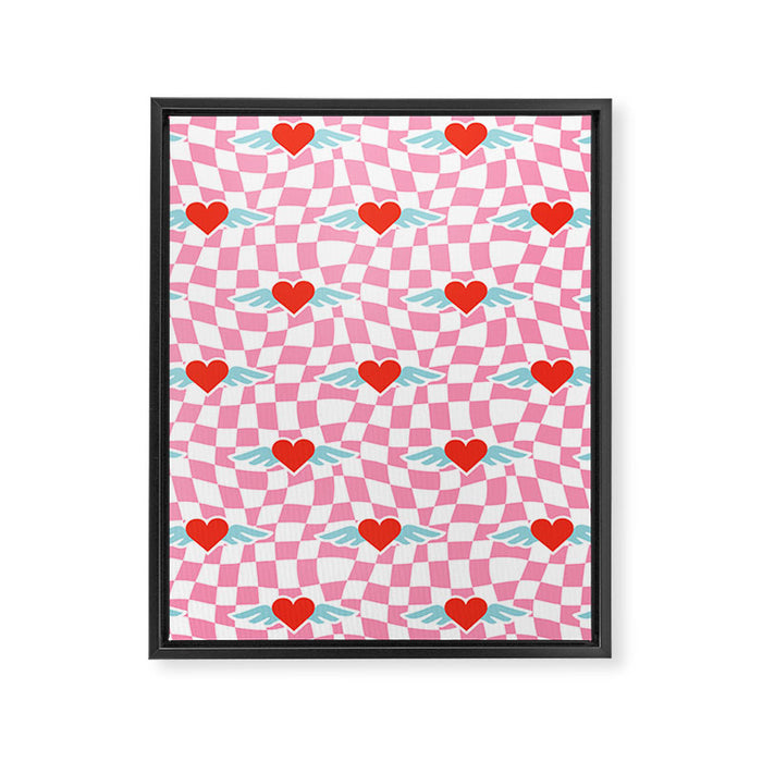 Red love heart checkered pattern Framed Canvas Print Gallery Image 1