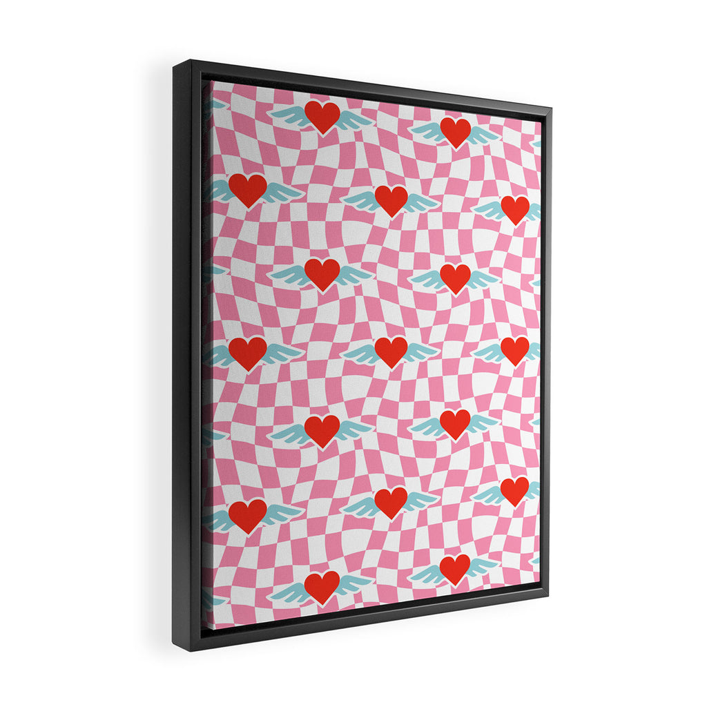 Red love heart checkered pattern Framed Canvas Print Gallery Image 2