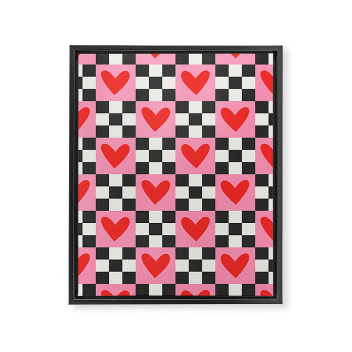 Red love heart checkered pattern Framed Canvas Print Gallery Image 1