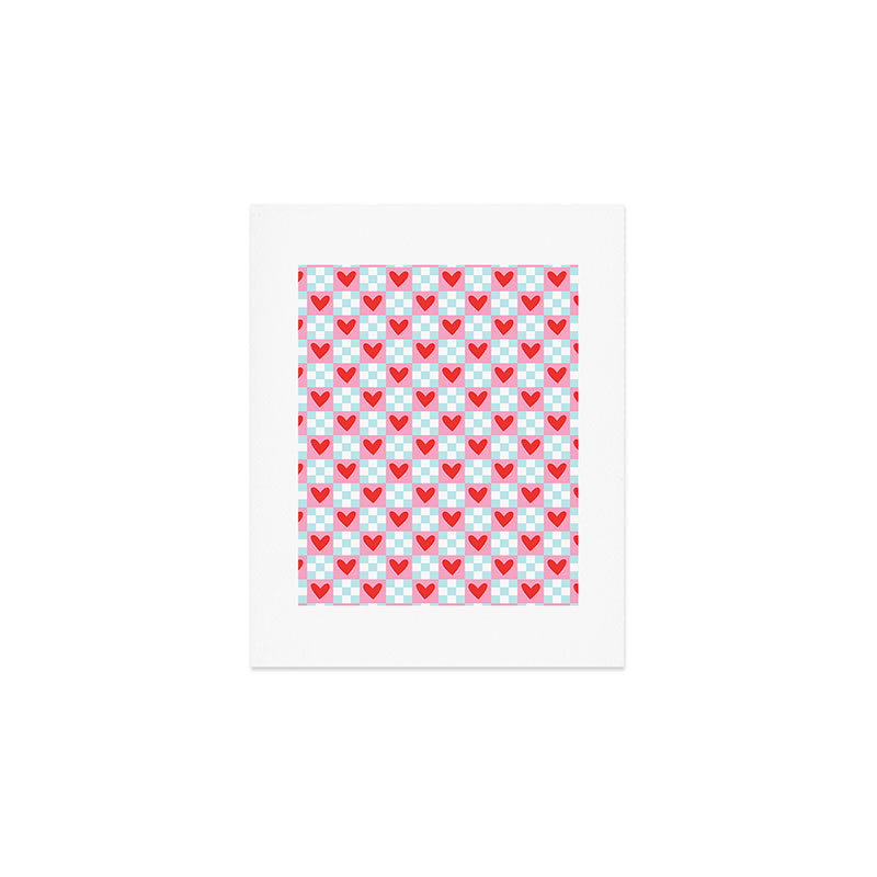 Red love heart checkered pattern Art Print Gallery Image 1