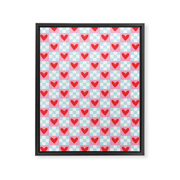Red love heart checkered pattern Framed Canvas Print Gallery Image 1