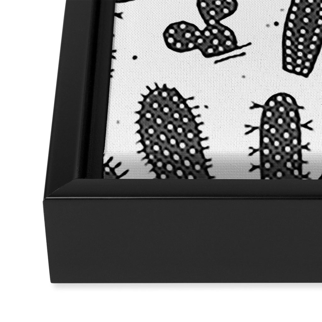 Retro black and white cactus plant pattern Framed Canvas Print Gallery Image 3