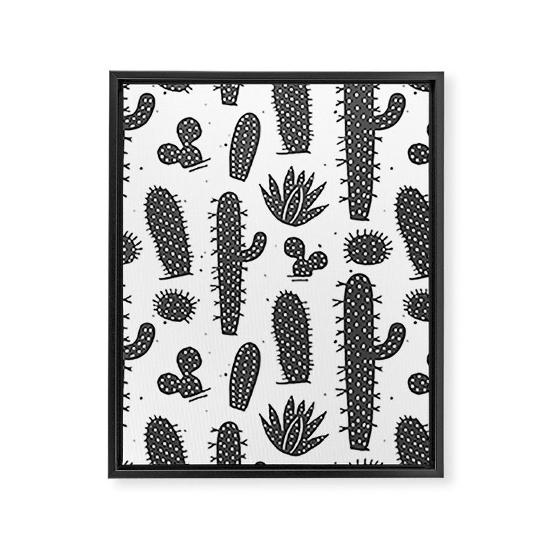 Retro black and white cactus plant pattern Framed Canvas Print Gallery Image 8