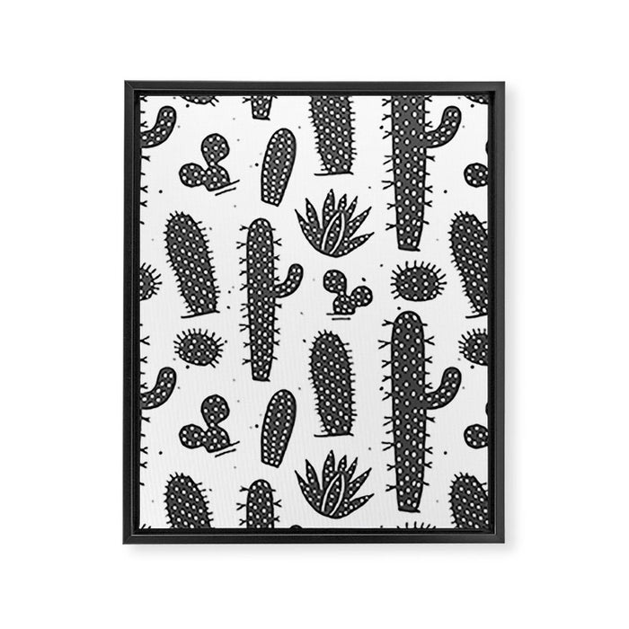 Retro black and white cactus plant pattern Framed Canvas Print Gallery Image 1