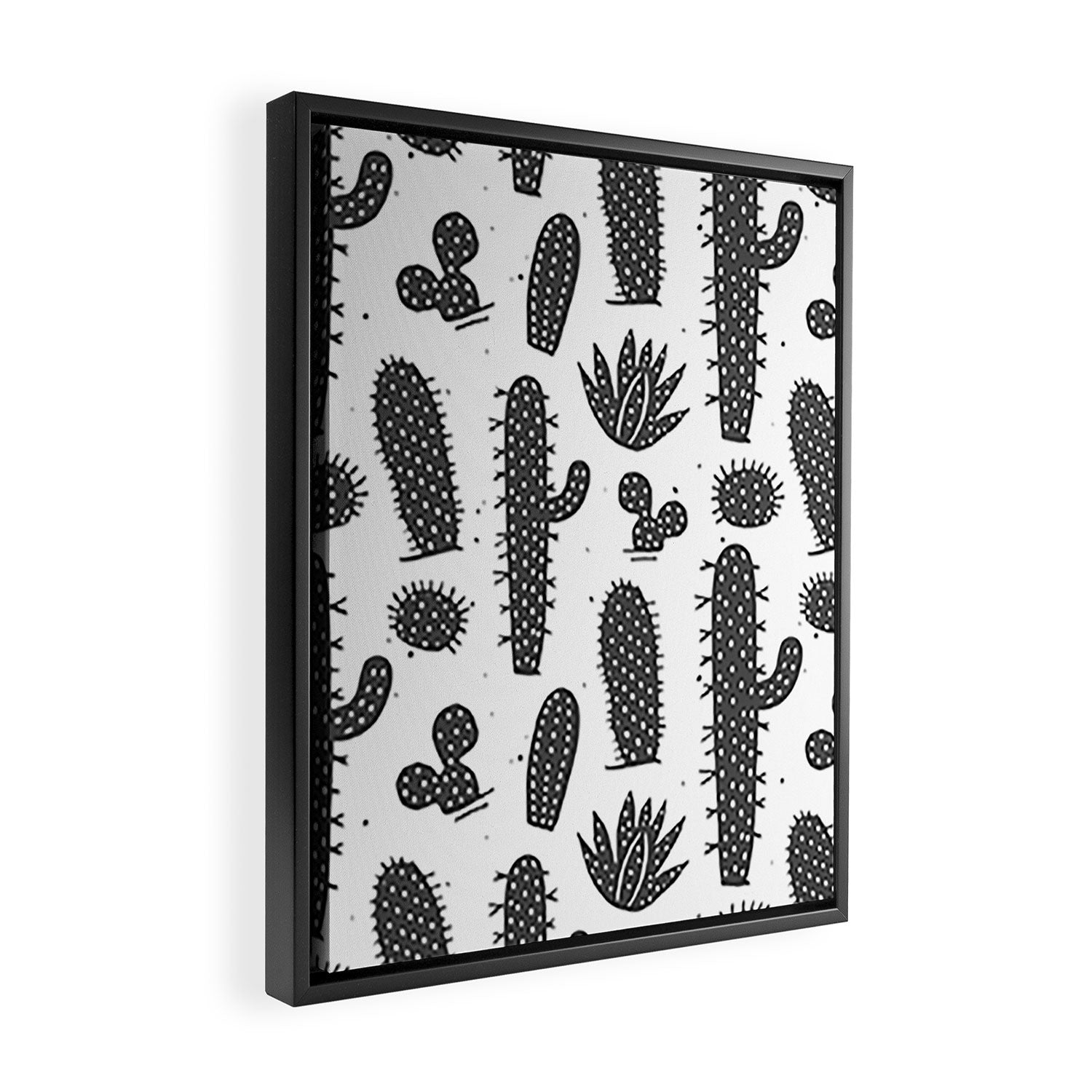 Retro black and white cactus plant pattern Framed Canvas Print Gallery Image 2