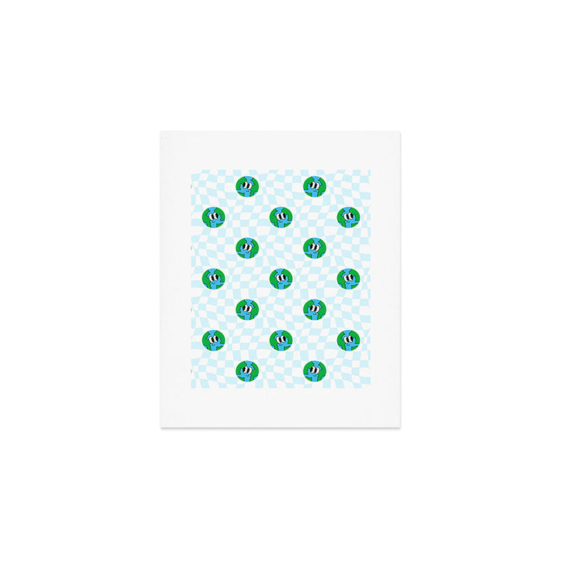 Retro cartoon earth planet checkered pattern Art Print Gallery Image 1