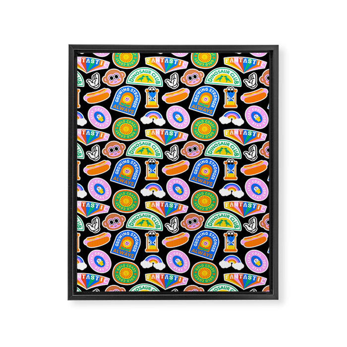 Retro cartoon label sticker pattern Framed Canvas Print Gallery Image 1