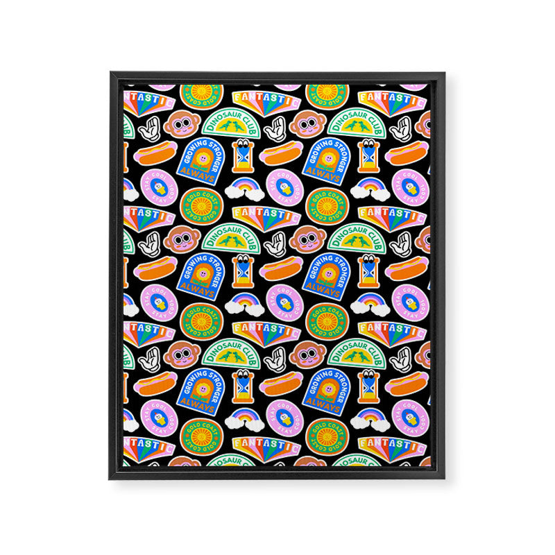 Retro cartoon label sticker pattern Framed Canvas Print Gallery Image 8