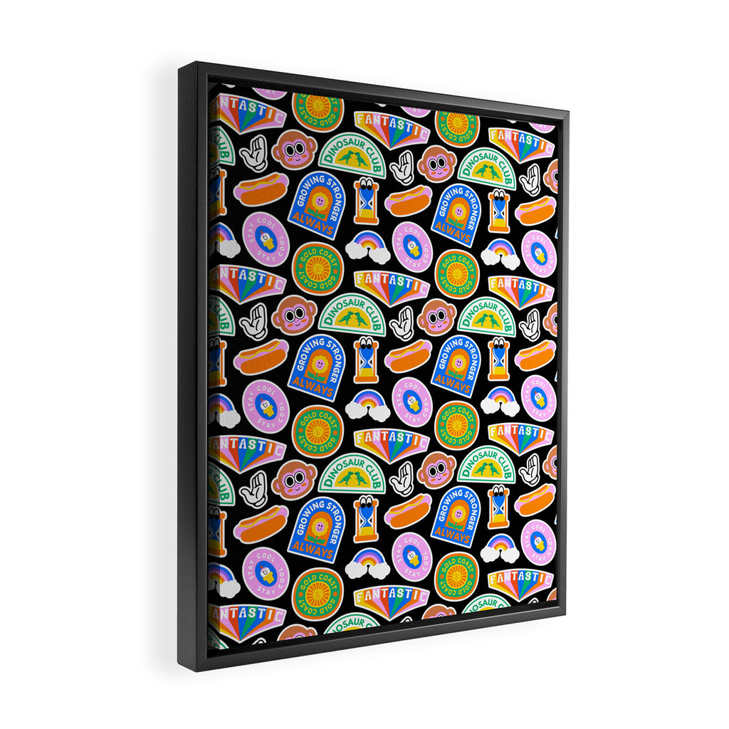 Retro cartoon label sticker pattern Framed Canvas Print Gallery Image 2