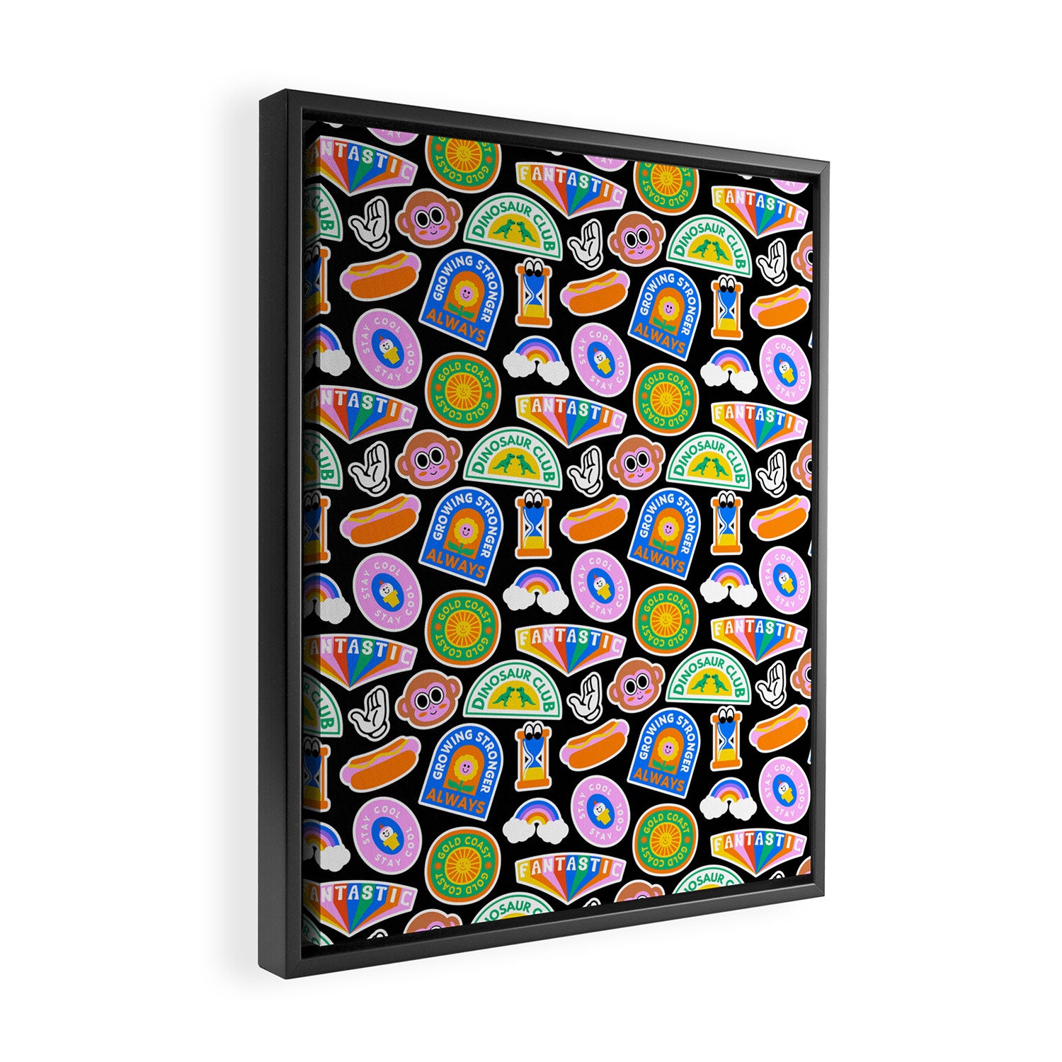Retro cartoon label sticker pattern Framed Canvas Print Gallery Image 2