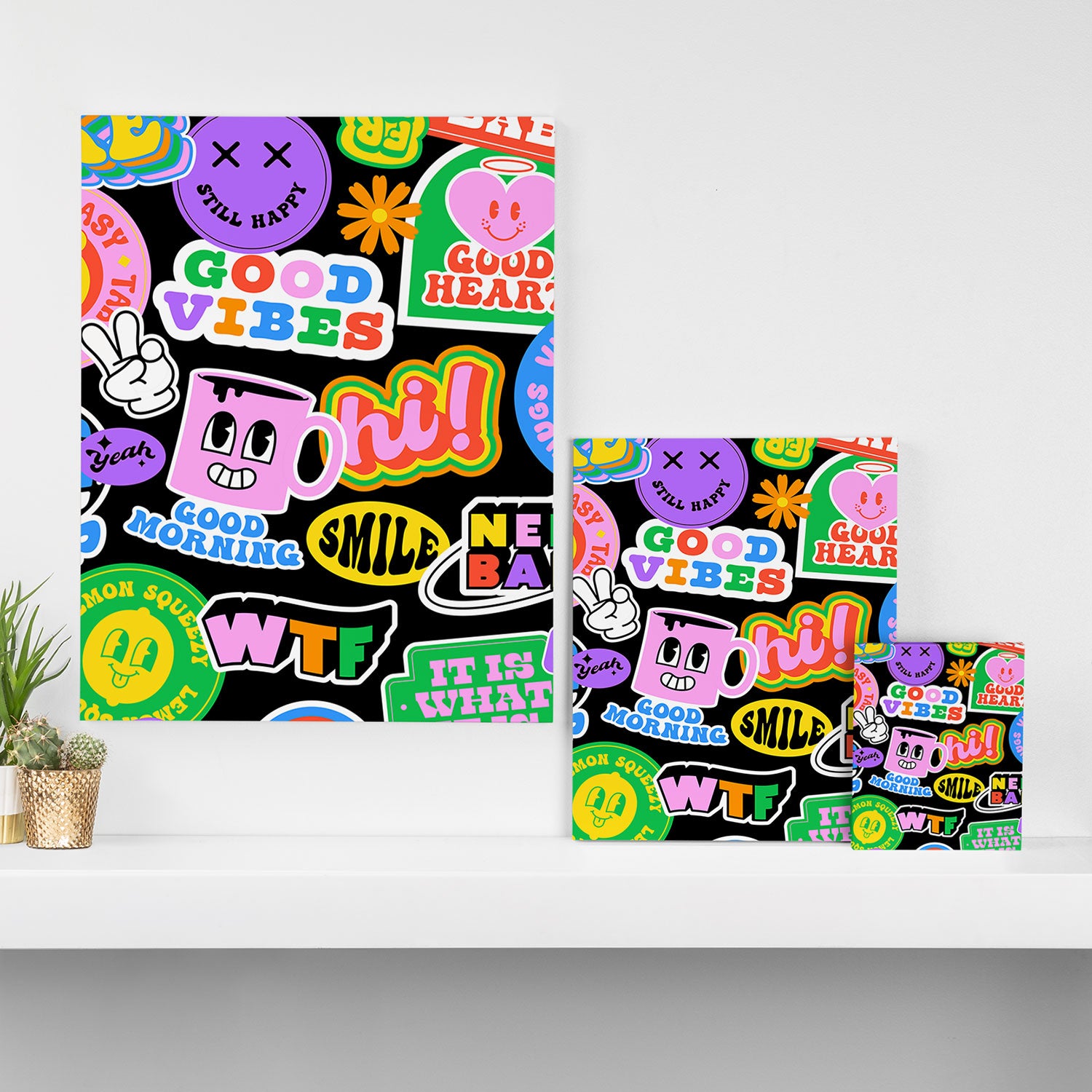 Retro cartoon sticker label pattern Canvas Print Gallery Image 3