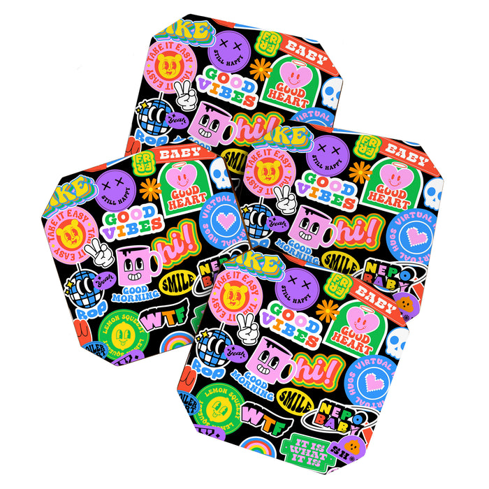 Retro cartoon sticker label pattern Coaster Gallery Image 1