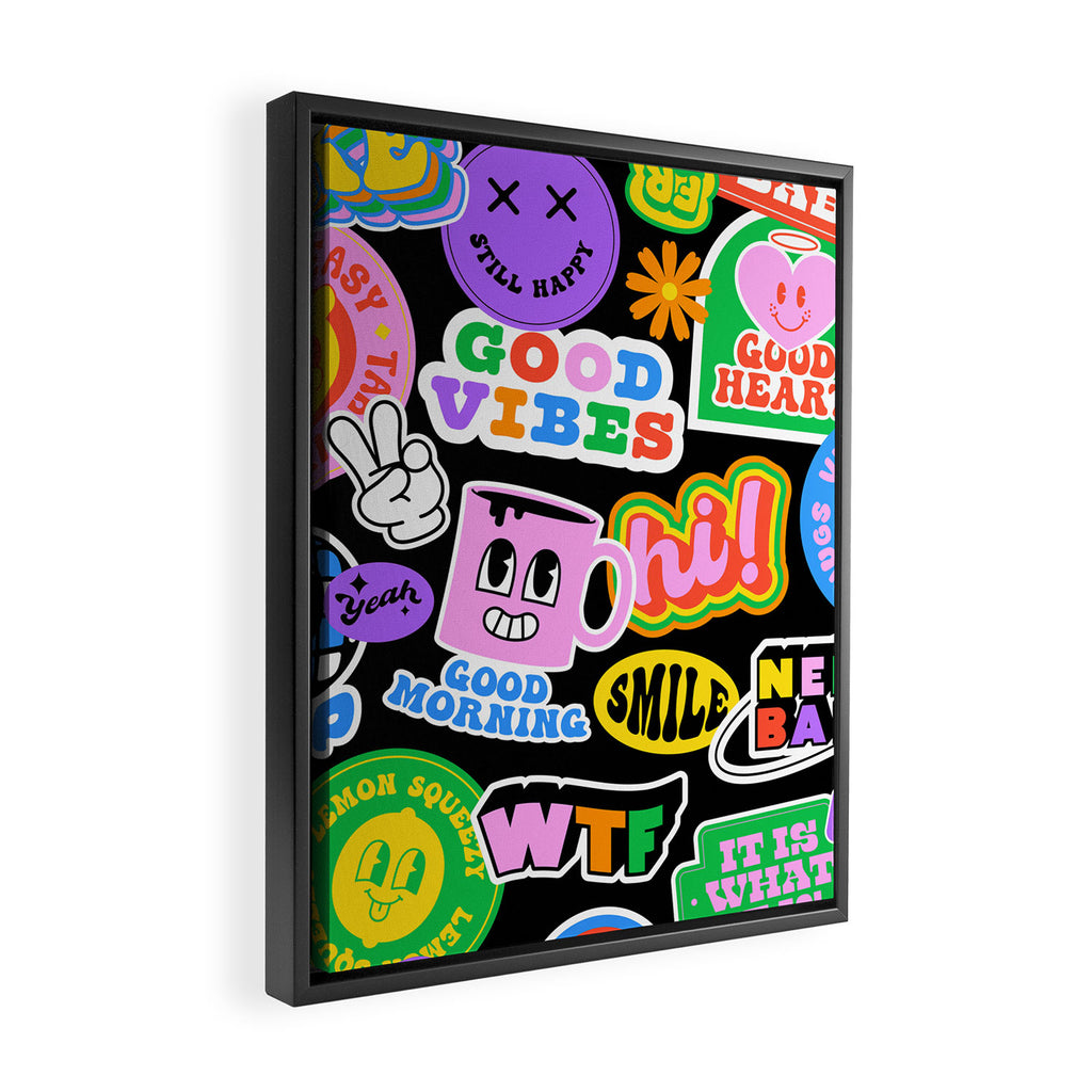 Retro cartoon sticker label pattern Framed Canvas Print Gallery Image 2