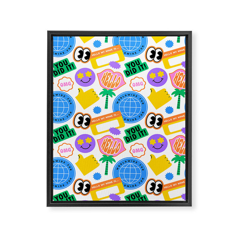 Retro cartoon sticker label pattern Framed Canvas Print Gallery Image 8