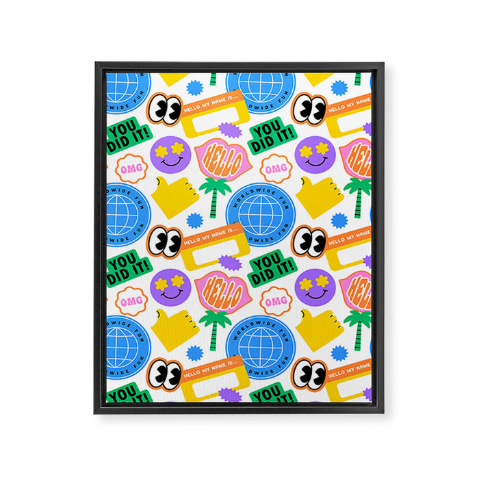 Retro cartoon sticker label pattern Framed Canvas Print Gallery Image 1