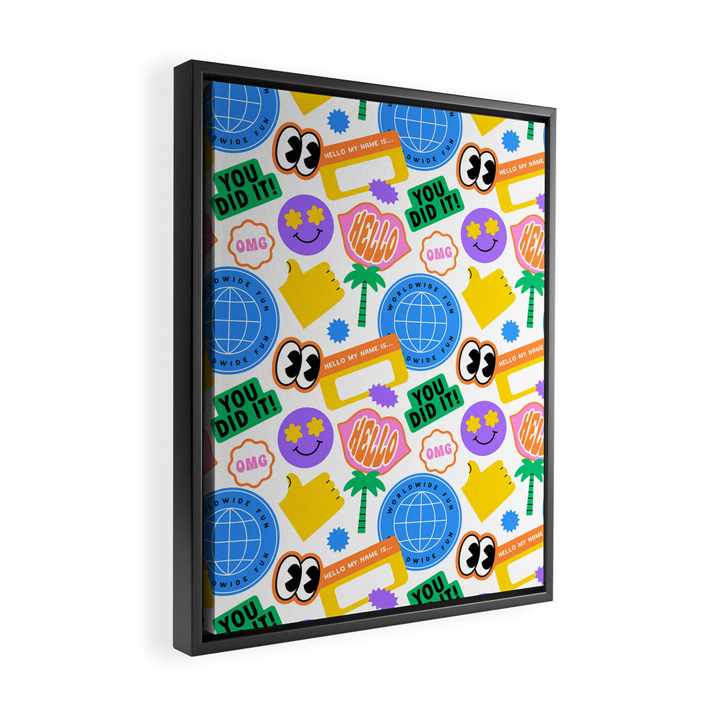 Retro cartoon sticker label pattern Framed Canvas Print Gallery Image 2