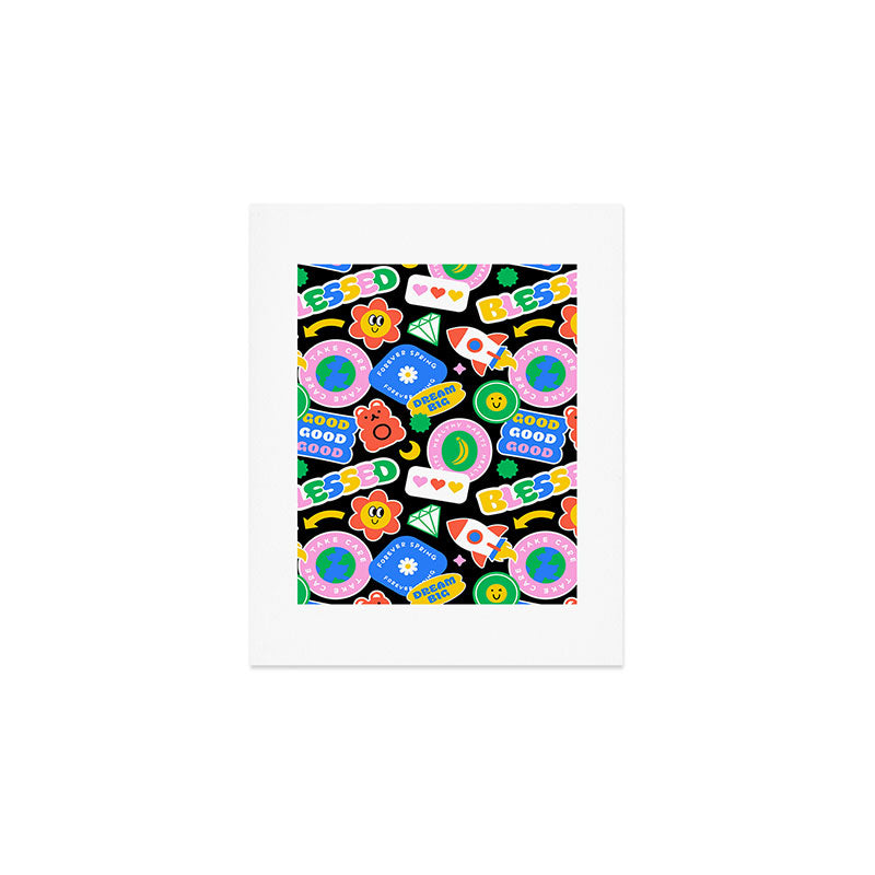 Retro cartoon sticker label pattern Art Print Gallery Image 1