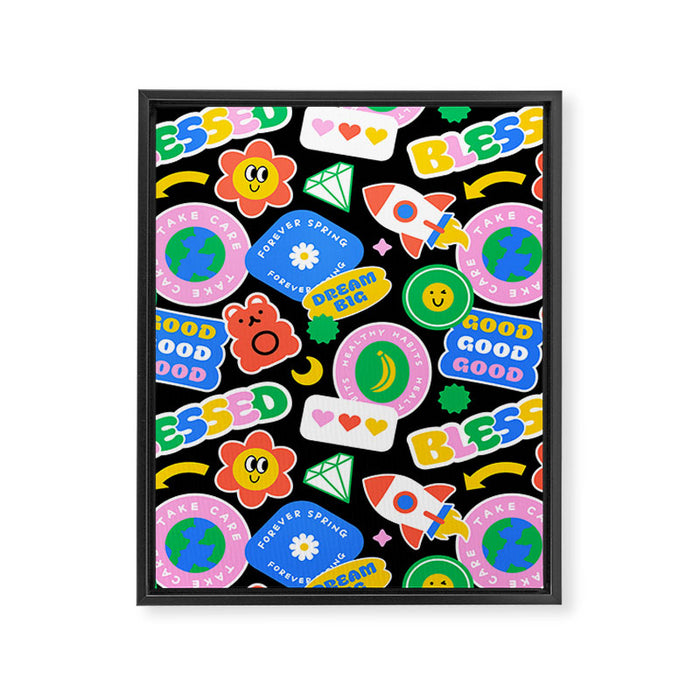 Retro cartoon sticker label pattern Framed Canvas Print Gallery Image 1