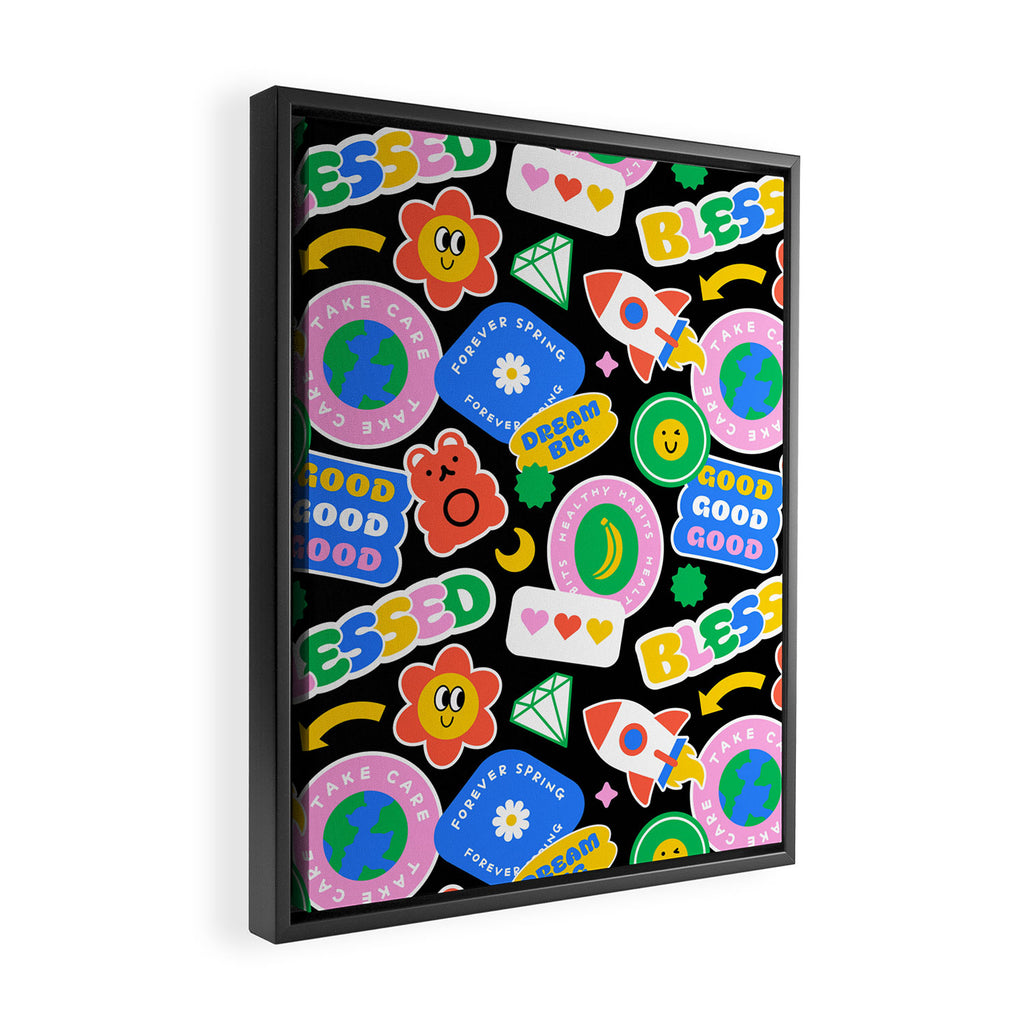 Retro cartoon sticker label pattern Framed Canvas Print Gallery Image 2