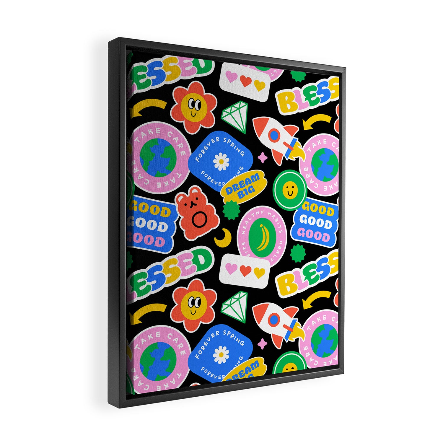 Retro cartoon sticker label pattern Framed Canvas Print Gallery Image 2
