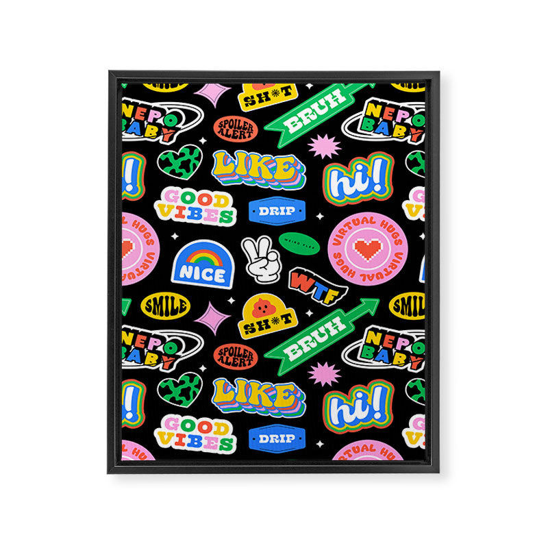 Retro cartoon sticker label pattern Framed Canvas Print Gallery Image 8
